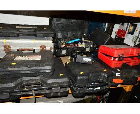 A COLLECTION OF CASED ELECTRIC HAND TOOLS, to include a Bosch hammer drill GBH 24V with battery and two chargers, a Challenge