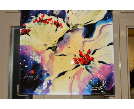 DANIELLE O'CONNOR AKIYAMA (CANADIAN 1957) 'FIRE AND ICE II', a limited edition box canvas print of stylised flowers, 45/75, s