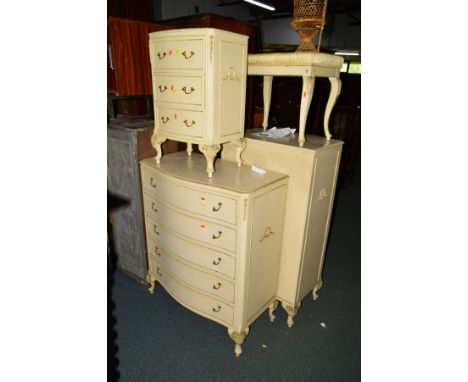 A FIVE PIECE CREAM AND GILT BEDROOM SUITE comprising a tall chest of six drawers, chest of five drawers, three drawer bedside