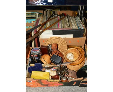 TWO BOXES AND LOOSE SUNDRY ITEMS, to include wooden animals, records, three golf clubs ('Ben Sayer 8', 'Accurate Putter' etc)