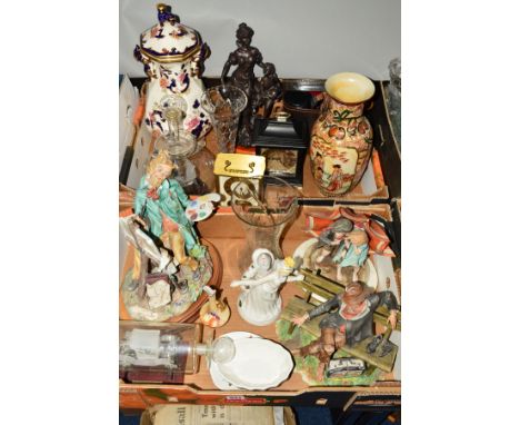 TWO BOXES OF CERAMICS AND GLASS, etc to include Capo di Monte figures of a tramp sitting on a bench, an artist painting, a la