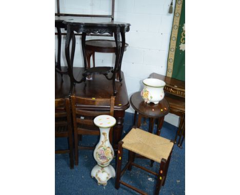 AN EDWARDIAN EBONISED OCCASIONAL TABLE (sd), another occasional table, a ceramic bowl and stand, Victorian hall chair (sd) a 