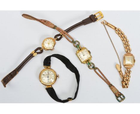 FOUR EARLY TO MID 20TH CENTURY LADIES WRISTWATCHES to include a 1930's watch with 9ct gold head, mother of pearl detail to th