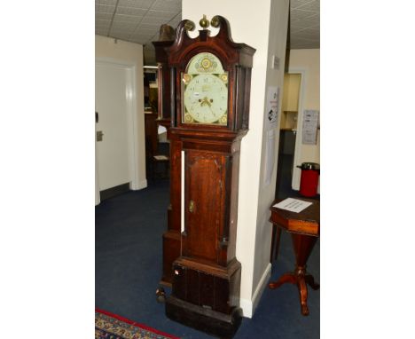 A GEORGE III OAK, MAHOGANY BANDED AND SATINWOOD INLAID 8 DAY LONGCASE CLOCK, the hood with swan neck pediment and central bra