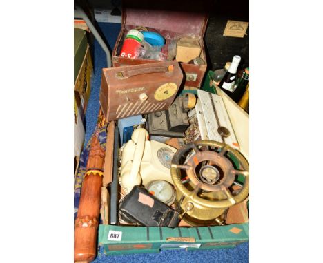 A BOX SUITCASE AND LOOSE SUNDRY ITEMS, to include didgeridoo (with cover), Heathkit radio, Armstrong VHF radio, Smiths clocks