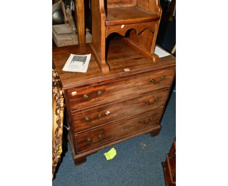 A GEORGIAN WALNUT CHEST OF THREE LONG GRADUATING DRAWERS with brass swan neck handles on bracket feet, width 82cm x depth 48c