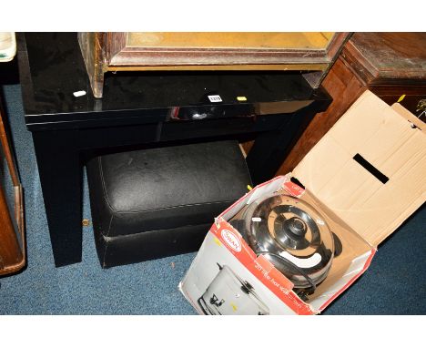 A MODERN SQUARE TOPPED DINING TABLE, leather pouffe and a boxed 20 litre water urn (3)