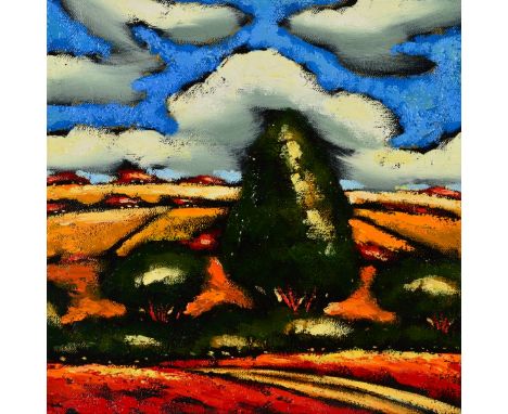 SERGEY CHEREP (RUSSIAN 1969) 'DESTINY V', a colourful landscape, signed verso with a sketch, oil on canvas, presented as a bo