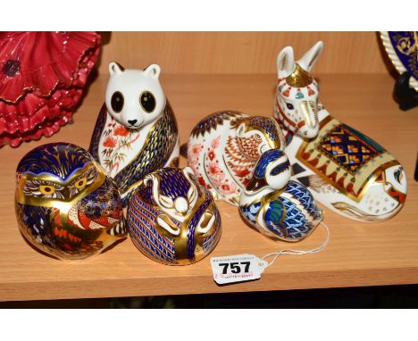 SIX ROYAL CROWN DERBY SECONDS PAPERWEIGHTS, 'Sitting Duckling', 'Donkey', 'Beaver', 'Imari Dormouse', 'Little Owl' and 'Panda