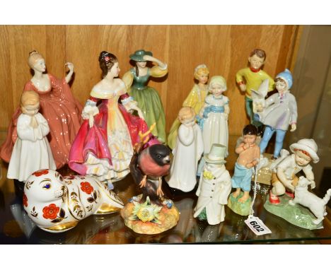 FOURTEEN VARIOUS FIGURES etc, to include Royal Worcester 'Burmah' No 3068, 'Grandmothers Dress', No 3081 (yellow), 'Budge' ca