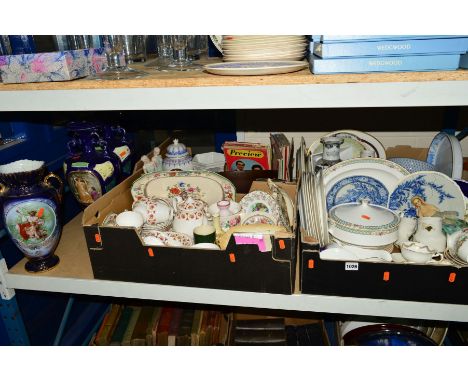 FOUR BOXES AND LOOSE CERAMICS, GLASS, BOOKS, ETC, to include Coalport 'Broadway Marone', Paragon 'Burford' early blue and whi