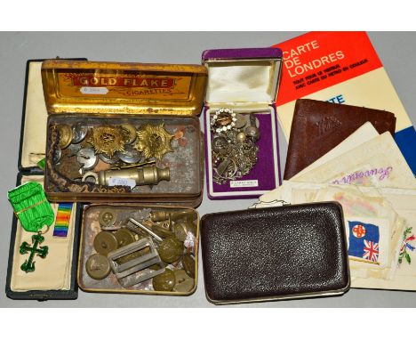A SMALL COLLECTION OF MILITARIA, including two tins of cap badges and buttons, a cased Military Order of Aviz - Portugese (kn