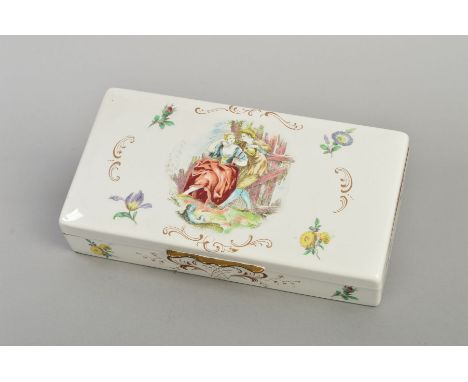 A BILSTON ENAMEL RECTANGULAR BOX, with courting couple scene of gentleman pouring glass of wine for lady, approximate length 