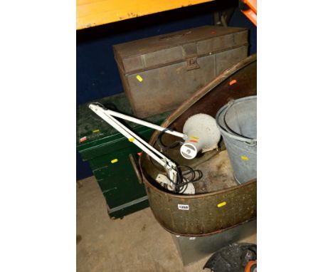 A VINTAGE WOODEN TOOLBOX WITH METAL BANDING, two small metal trunks, a large metal fish kettle, two galvanised buckets and a 