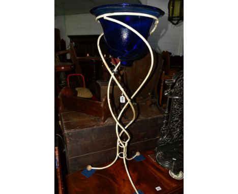 A WROUGHT IRON FRAMED PLANTER with a blue glazed bowl, height 100cm