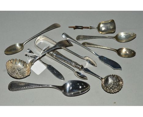 A BAG OF SILVER AND PLATED FLATWARE, ETC, including a caddy spoon and two sifter spoons, approximate weighable silver 3.5 oun