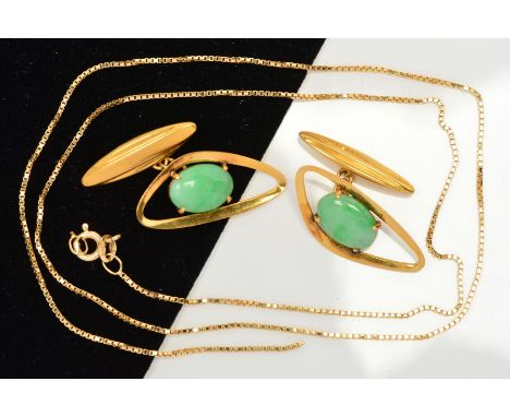 A PAIR OF JADE CUFFLINKS AND A CHAIN NECKLACE, the cufflinks designed as a central oval cabochon claw set within an open abst