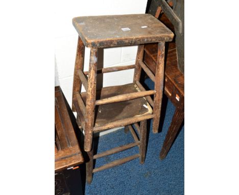 A PAIR OF 19TH CENTURY ELM FRAMED STOOLS, a pine bar stool, child's chair, easel and a painted overmantel mirror (6)