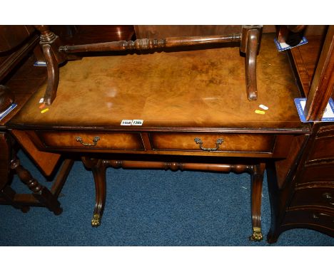 A REPRODUCTION WALNUT AND MAHOGANY SOFA TABLE, together with a drop leaf occasional table and an Edwardian mahogany fall fron