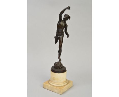 A LATE 19TH CENTURY BRONZE FIGURE OF HERMES, on a circular foot with short white marble column to square base, approximate he