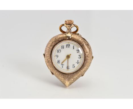 A LADY'S POCKET WATCH of pear shape outline with engine turned detail and engraved floral decoration to the reverse, white fa