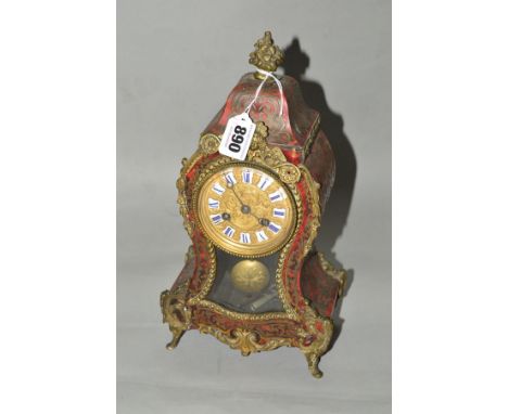 A LATE 19TH CENTURY LOUIS XIV STYLE MANTEL CLOCK, painted faux tortoiseshell case with brass inlay, gilt dial with enamel Rom