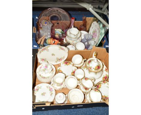 TWO BOXES OF CERAMICS AND GLASS etc to include Royal Albert 'Old Country Roses' and 'Moss Rose' teawares, Royal Stafford 'Ros