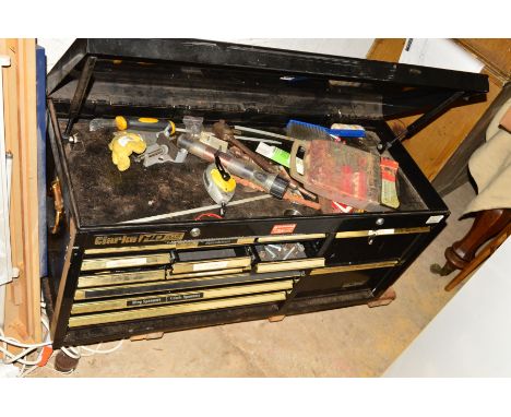 A CLARKE HD PLUS 14 DRAWER METAL WORKSHOP TOOL CHEST with lid and containing some tools, hardware and accessories