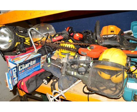 A CLARKE PIPE BENDER, B &amp; Q mitre saw, various power tools, helmets, harnesses and a Flymo strimmer