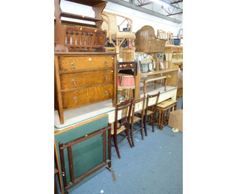 AN EARLY 20TH CENTURY OAK RUSH SEATED FOOTSTOOL, four various other chairs, card table, three table lamps and an oak firescre