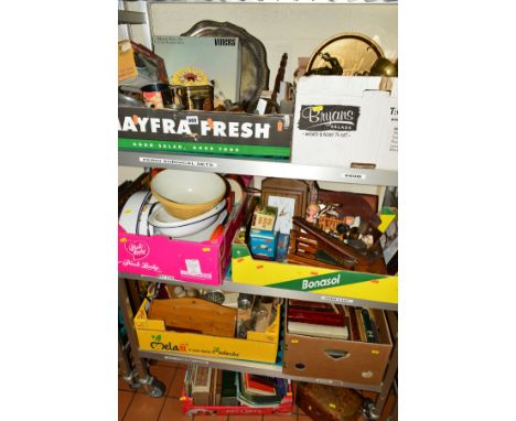 SEVEN BOXES AND LOOSE SUNDRY ITEMS, to include inlaid work box, letter rack, clocks, enamel kitchen items, brass wares, books