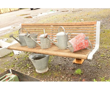 A GALVANISED METAL FRAMED REAR GROUND FITTED OUTDOOR PARK BENCH, with teak slats (width 200cm x length 54cm x height 82cm