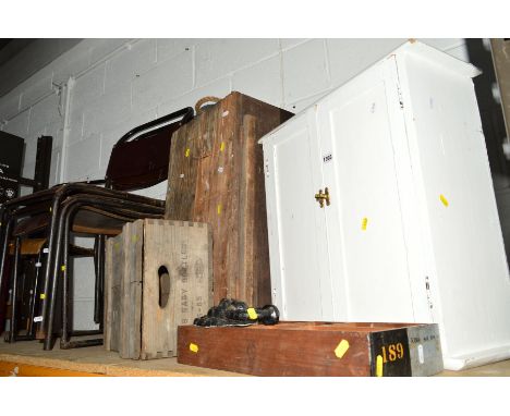 A WHITE PAINTED TWO DOOR CUPBOARD, wooden sea chest with rope handles, a small wooden crate stamped 'A H Green', small wooden