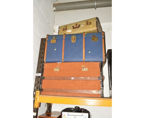 A BLUE WOODEN BANDED TRAVELLERS TRUNK, together with another travelling trunk and two suitcases (4)