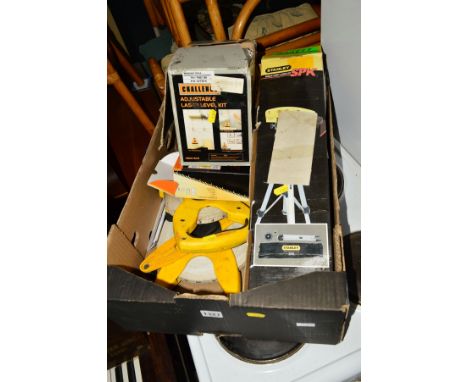 A TRAY OF SURVEYING TOOLS including a Challenge adjustable laser level kit, Protimeter surveymaster moisture meter, 80m laser