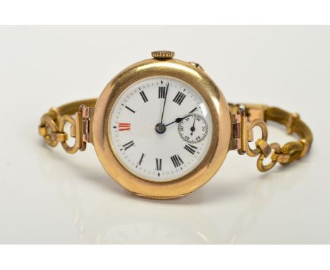 A LARGE OPEN FACE 9CT WRISTWATCH, case measuring approximately 32.0mm, white enamel dial with Roman numerals, seconds sweep s