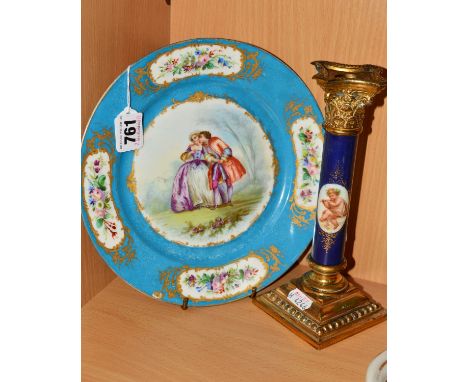 A LATE 19TH CENTURY SEVRES PORCELAIN CABINET PLATE, turquoise blue ground, the centre painted with a courting couple, with fo