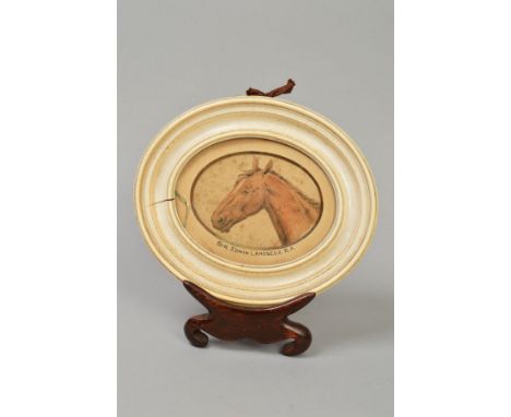 FOLLOWER OF SIR EDWIN LANDSEER, portrait of a brown horse's head in side profile, paper torn and foxed attribution to card mo