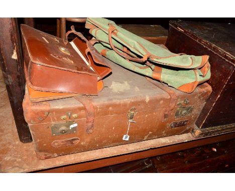 A VINTAGE TRAVELLING TRUNK, together with three various other luggage items, etc (s.d.) (7)