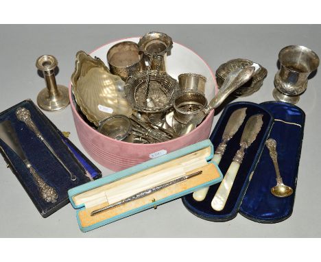 A COLLECTION OF SILVER, SILVER PLATE AND WHITE METAL, including a dwarf silver candlestick, loaded, three silver napkin rings