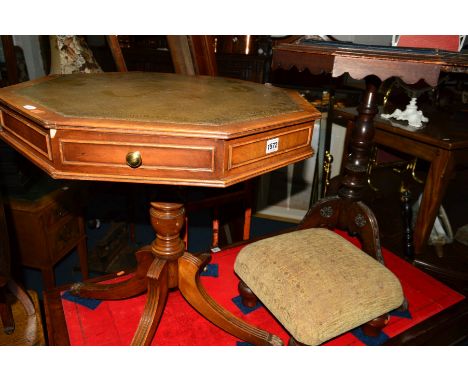 A BEVAN FUNNELL REPRODUX MAHOGANY OCTAGONAL DRUM TABLE, with a green tooled leather inlay top, revolving top and four drawers