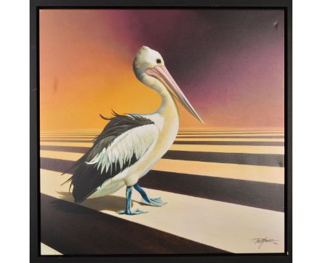 PAUL JAMES (BRITISH CONTEMPORARY) 'ZEBRA CROSSING', a limited edition canvas print featuring a pelican, 23/100, signed bottom