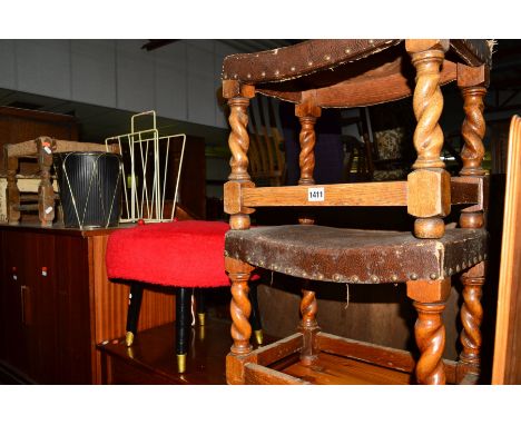 A COLLECTION OF OCCASIONAL FURNITURE, to include two oak barley twist stools, mid 20th century stool, two other stools, wine 