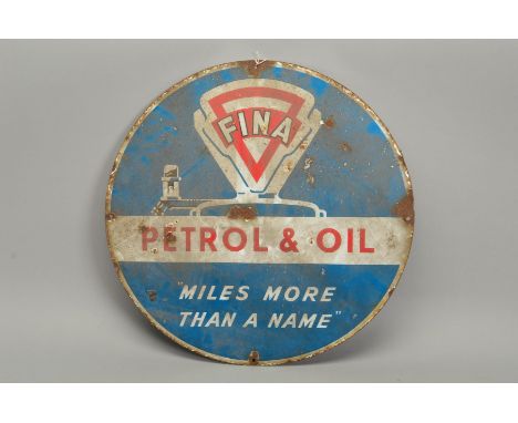 A CIRCULAR WALL MOUNTED ENAMEL ADVERTISING SIGN, 'Fina Petrol &amp; Oil', red and white lettering on a blue background, some 