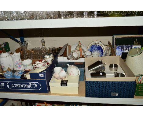 SIX BOXES AND LOOSE CERAMICS AND GLASS, to include a boxed Old Hall Lichfield tea set, Royal Albert 'Empress', Aynsley 'Littl