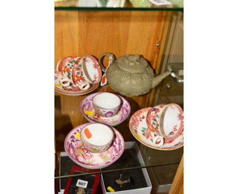 A VICTORIAN WEDGWOOD STONEWARE TEAPOT AND COVER WITH DOG FINIAL, a pair of Sunderland lustre tea bowls and saucers printed wi