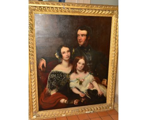 A MID VICTORIAN SCHOOL, HALF LENGTH SEATED PORTRAIT OF A GENTLEMAN, his wife and their daughter who is resting her hand on th