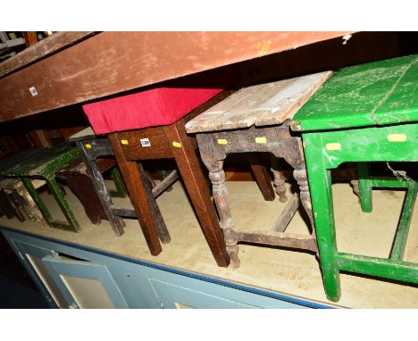 SEVEN VARIOUS PERIOD STEP STOOLS, together with an oak upholstered topped stool and a Georgian Pembroke table (9)