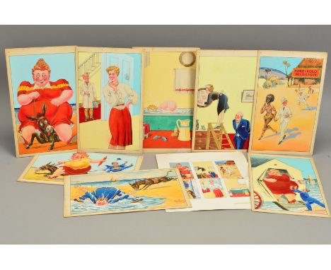 EIGHT SAUCY POSTCARD STYLE WATERCOLOUR PAINTINGS, unsigned, but attributed to Peter Miller, subjects include Seaside scenes, 