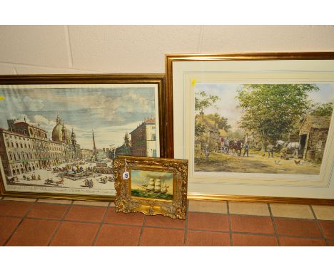 PICTURES AND PRINTS to include a reproduction oil on board of a square rigged sailing vessel flying the red ensign, framed, a